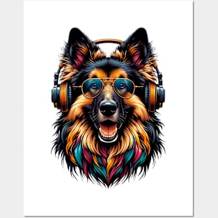 Grinning Bohemian Shepherd as Smiling DJ with Headphones Posters and Art